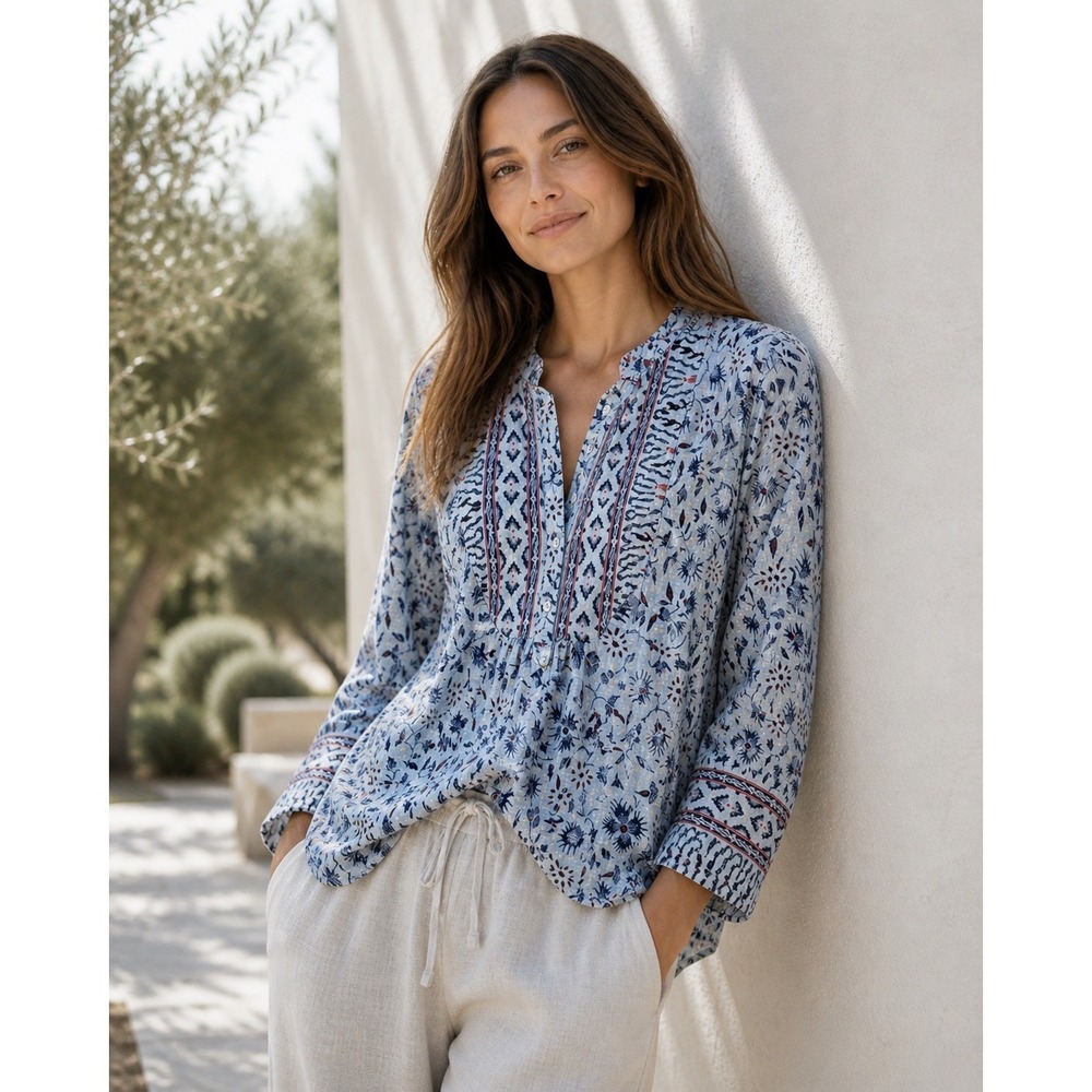Xirena Blouse Women Small Blue Block Print Cotton Gauze Henley Bell Sleeve